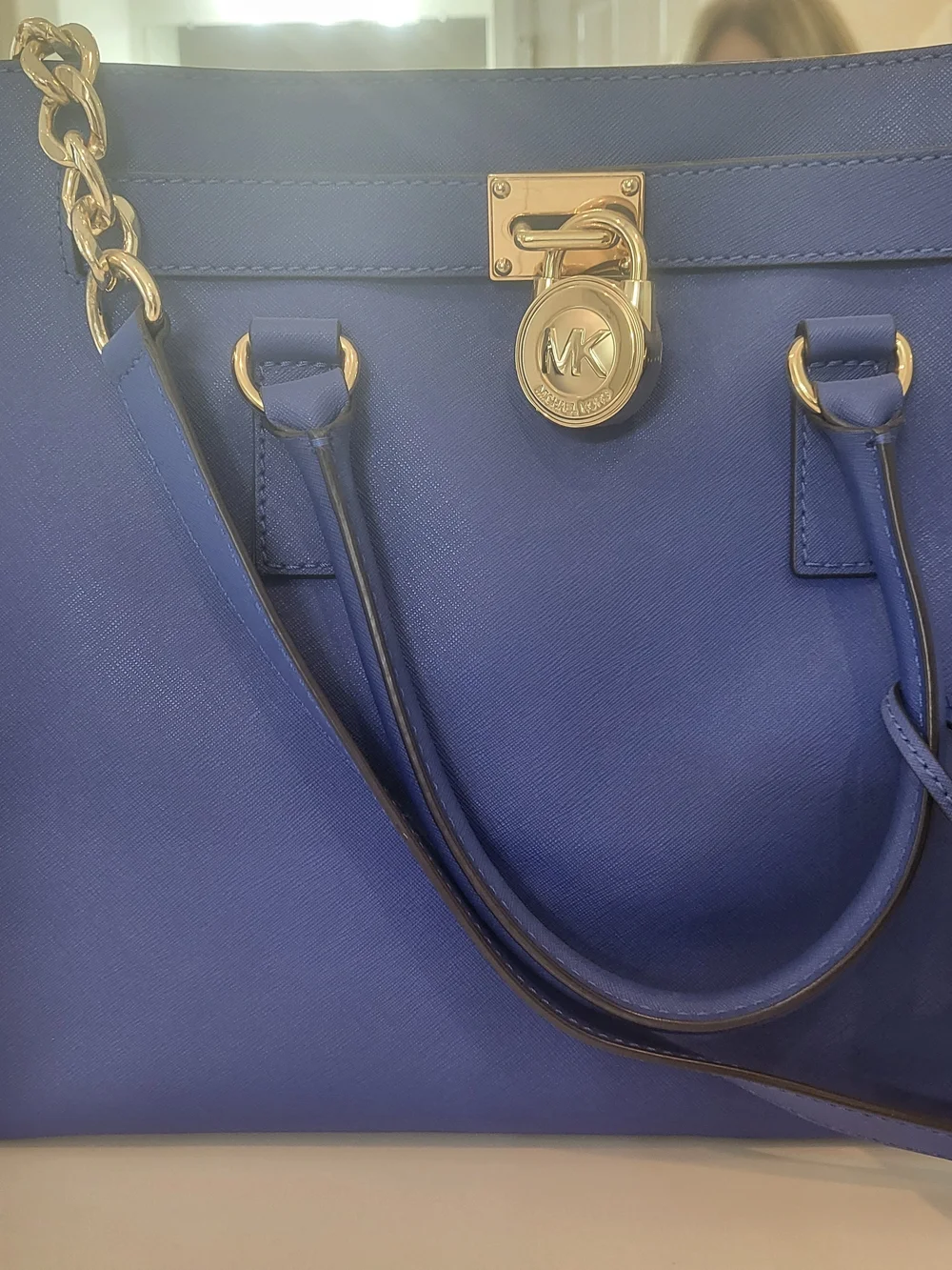 Michael Kors Blue Leather Satchel And Laptop Briefcase with Gold Hardware